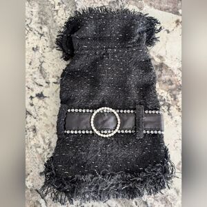 Chic Black Tweed Dog Coat with Rhinestone Belt